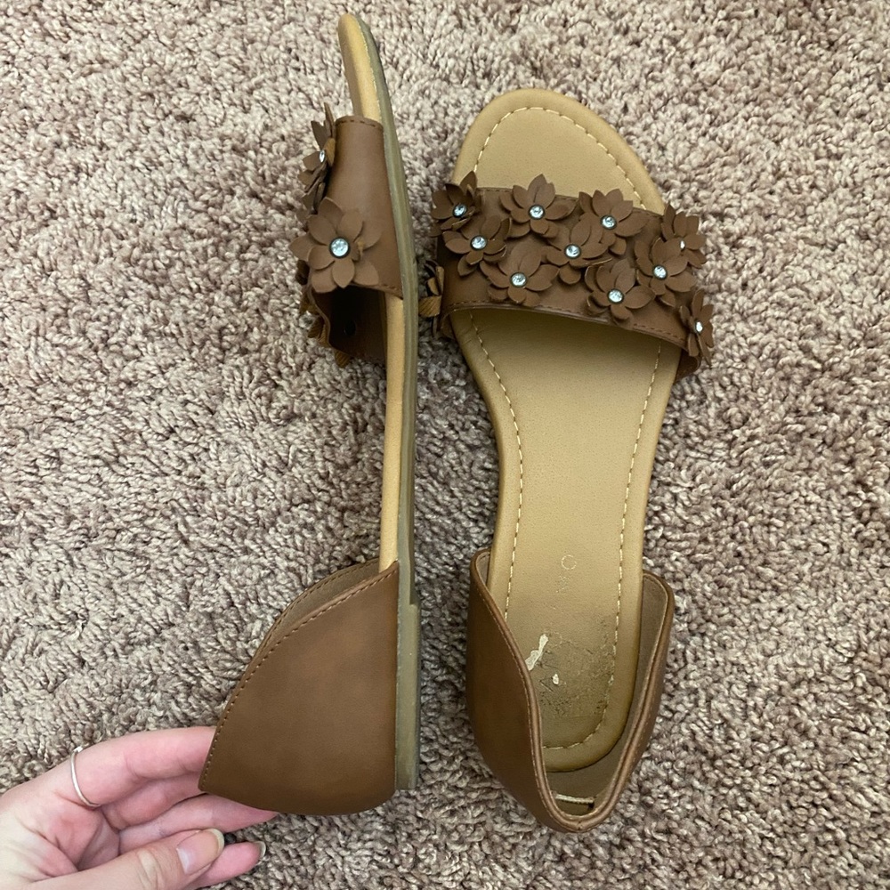brown floral flat sandals